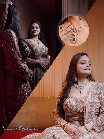 A collage of the bride's portraits from her engagement, showing her getting ready and posing in her golden gown.