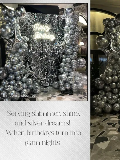 Serving shimmer, shine, and silver dreams. This collage showcases the different angles of the metallic-themed birthday, highlighting the balloon arches and disco balls.