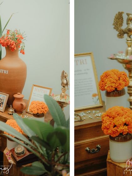Another collage of the "Maitri" housewarming decor, showcasing the blend of warmth and style.