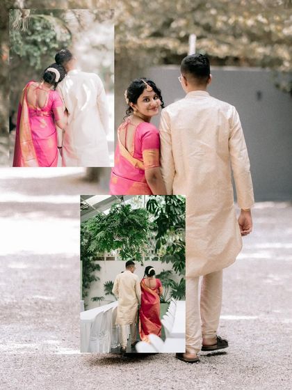 A collage showing a couple's walk through the venue. The different angles and compositions showcase the variety of beautiful photo spots available.