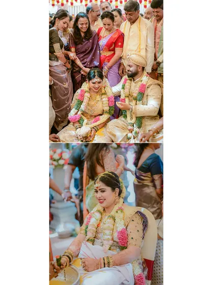 A two-panel image showing different moments from the wedding ceremony. The groom's classic sherwani is visible as he interacts with his bride and guests.