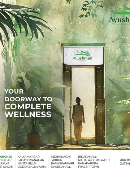 This artistic representation shows our clinics as a gateway to complete wellness. We invite you to step through our doors and discover the nurturing, healing power of Ayurveda for your mind, body, and soul.