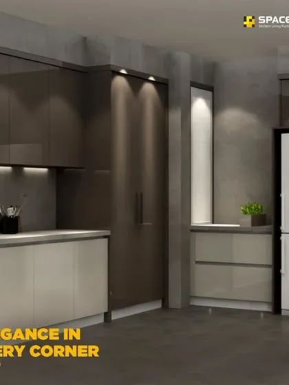 Elegance is found in every corner of this minimalist kitchen design. The two-tone scheme with light lower cabinets and dark, glossy upper cabinets creates visual interest, while the handleless design maintains a clean, uninterrupted flow.