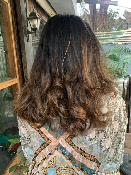 A before shot for the 'Swirled Chocolate Butterscotch' look, showing the hair prior to toning and adding new dimension.