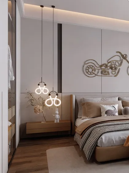 This bedroom features fun, bicycle-shaped pendant lights and a motorcycle wall art piece, showing how I can visualize themed decor elements.