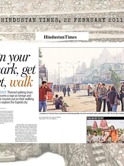 A Hindustan Times article from 2011, "On your mark, get set, walk," covering the rise of themed walking tours in Delhi. It features one of our walks and discusses the growing trend of exploring the capital city on foot.