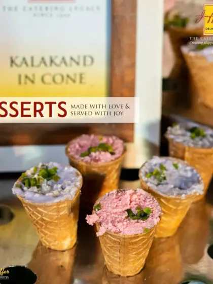 Desserts made with love and served with joy. Our innovative Kalakand in a cone is a fun and modern twist on a classic Indian sweet, perfect for an interactive dessert station.