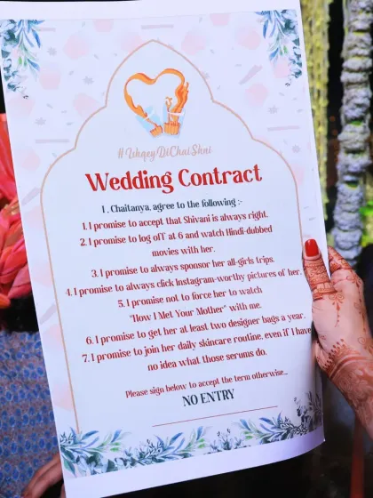 It's the personal touches that make a wedding truly unique. This custom, playful "Wedding Contract" was a fun detail that perfectly reflected the couple's personality and brought smiles to everyone's faces.