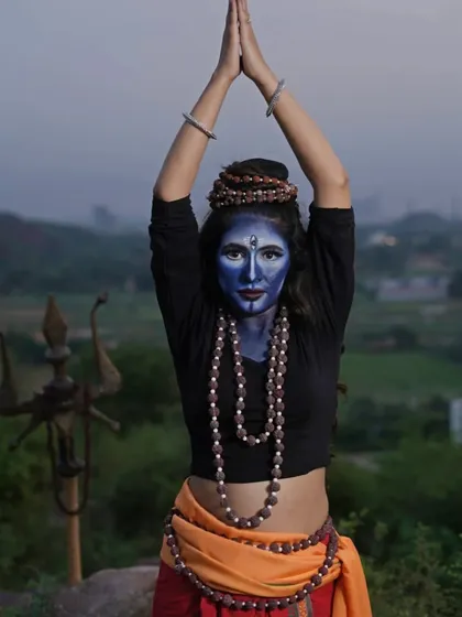 This is one of my favorite creations, a cinematic makeup look inspired by Lord Shiva. I used a full-body blue base and detailed the third eye and traditional markings for a powerful, divine presence, perfect for a themed shoot or film project.