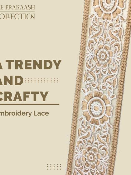 A trendy and crafty embroidery lace with a dense floral pattern in beige and white thread. This textured border adds a sophisticated, handcrafted feel to any garment or home decor project.