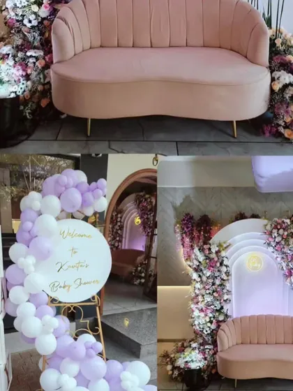 A collage showcasing the different elements of a beautiful floral baby shower. It includes the welcome decor, the main seating backdrop, and close-ups of the lush flower arrangements.