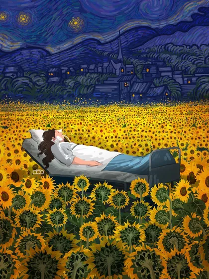 A poignant tribute to a "Daughter of Iran." She rests peacefully on a hospital bed in a field of sunflowers, under the watch of a starry night, a symbol of a life that has become part of the eternal beauty of the cosmos.