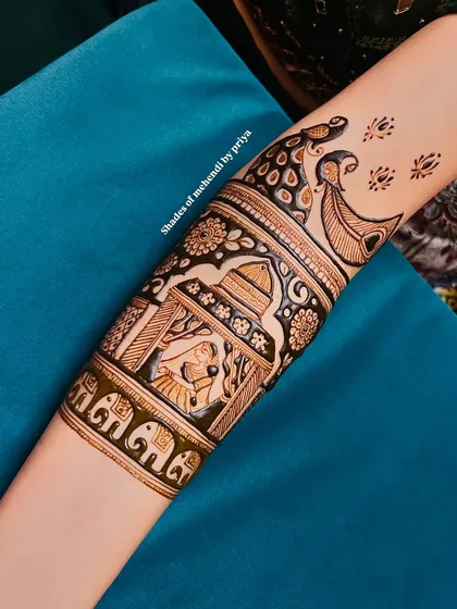 Another angle of the wedding ritual mehendi, showing the addition of elephant motifs. Each element is carefully placed to build a complete story on the arm.
