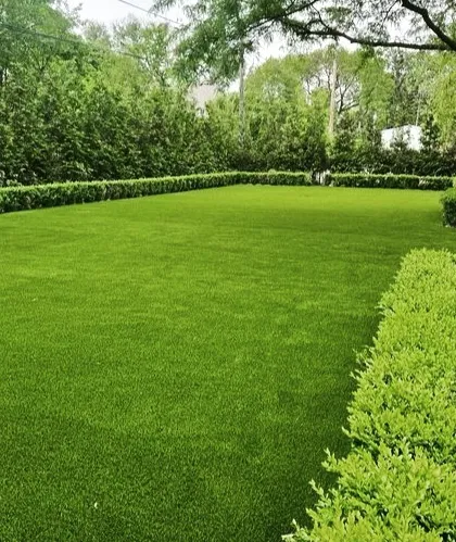 A large expanse of artificial turf, bordered by a dense, mature hedge. This demonstrates how artificial grass can provide a consistently perfect, lush green look with minimal upkeep.