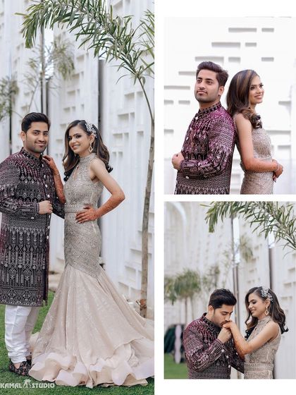 A collage of elegant portraits from a pre-wedding shoot, showcasing both classic poses and romantic, candid moments.