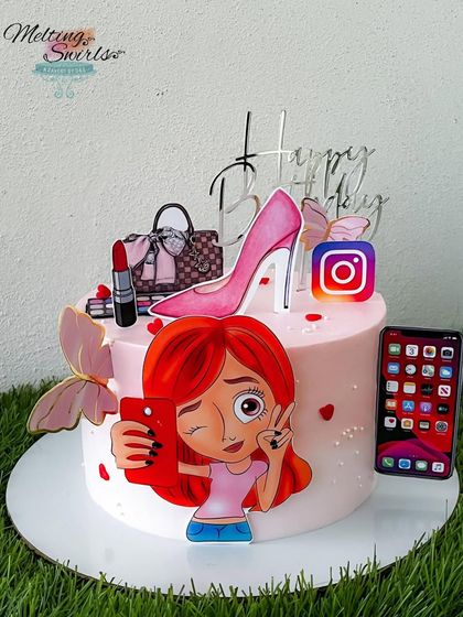 A fun Pop Art cake for a fan of selfies, Instagram, and shopping. This design is full of personality, with bright, cartoonish toppers that celebrate modern hobbies.