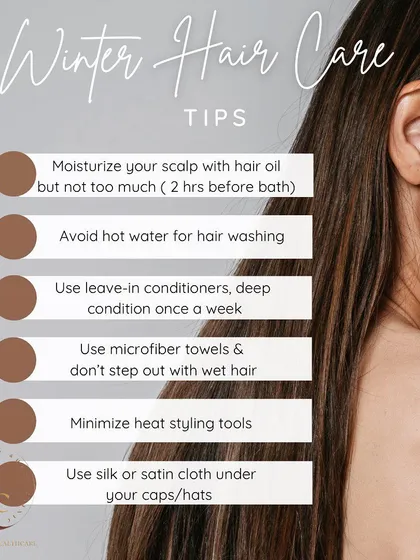 Winter air is dry and can make your hair brittle. My top winter hair care tips include using lukewarm water, applying oil for only two hours before washing, using leave-in conditioners, and protecting your hair under caps with a silk or satin cloth.