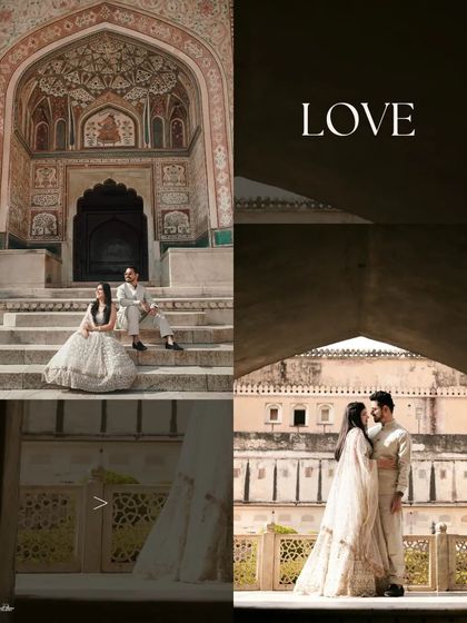 Four distinct moments captured at Amer Fort, from a grand shot at the Ganesh Pol entrance to intimate interactions within the palace's corridors.