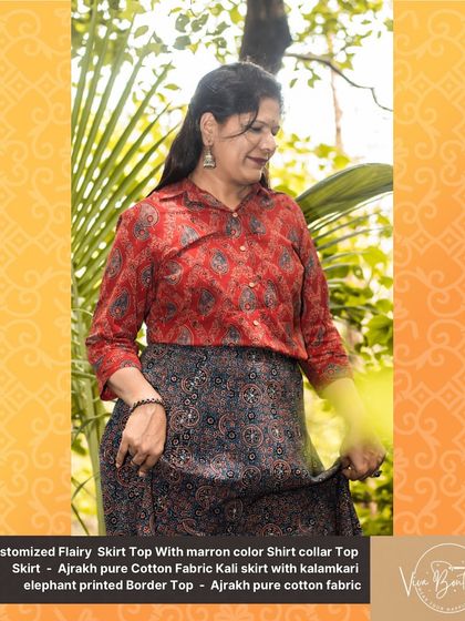 Another look at the custom Ajrakh skirt and top. The collared shirt design gives it a smart, semi-formal feel, while the flared skirt keeps it fun and feminine.