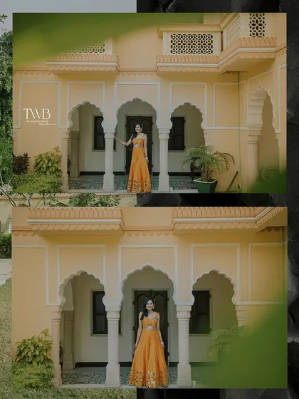 A beautiful portrait of the bride posing against the stunning architecture of the Amar Mahal palace during her haldi. The grandeur of the location complements her elegance.