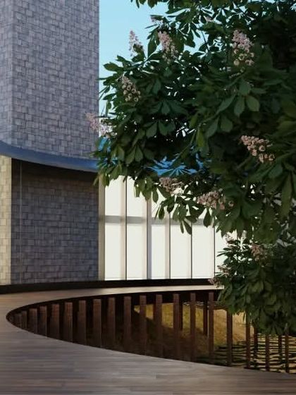 A street-level view of the circular building, showing how people would interact with the space. The curved walkway guides visitors around a central tree, blending architecture and landscape.