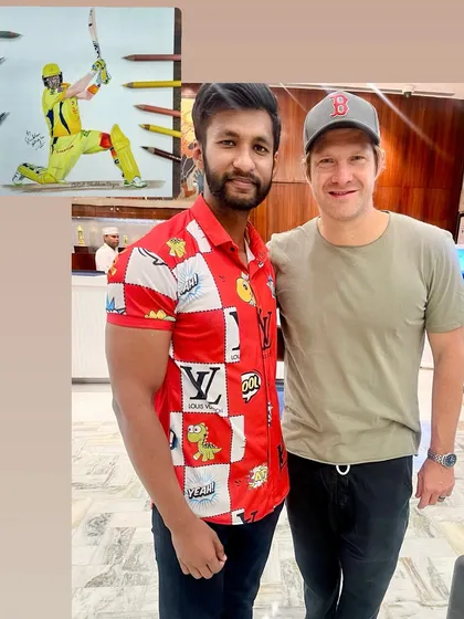 A photo with former Australian cricketer Shane Watson. My art has given me the chance to meet players I've admired from around the world.