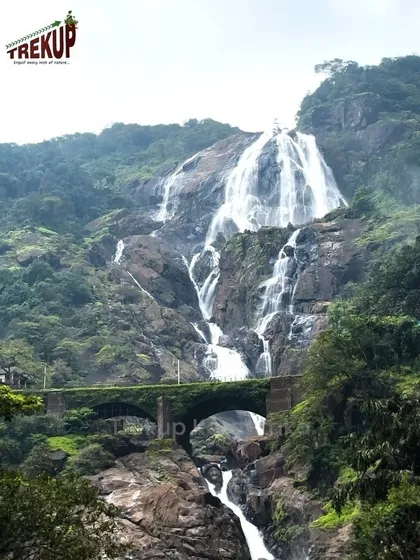 A clear, full view of Dudhsagar falls with the railway bridge, showcasing the scale of this natural wonder.