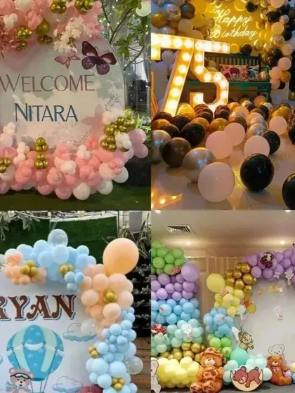 Another collage demonstrating our versatility in balloon artistry. We create personalized backdrops for welcoming a baby, celebrating a 75th birthday, or designing a hot-air balloon theme.
