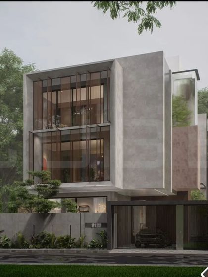 A 3D render of an upcoming Bangalore residence. The design uses interlocking concrete volumes and large glass facades to create a home that is both minimalistic and luxurious, with ample green spaces integrated into the structure.