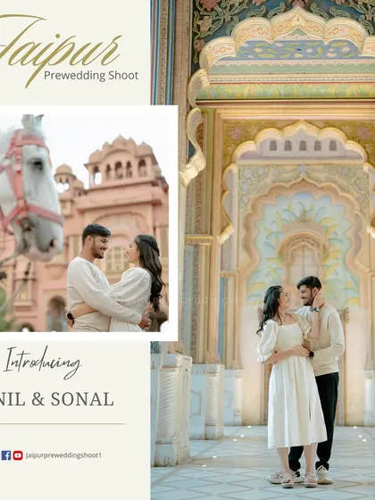 An introductory image for Anil and Sonal, featuring a beautiful shot with a white horse in front of Patrika Gate, blending elegance with royalty.