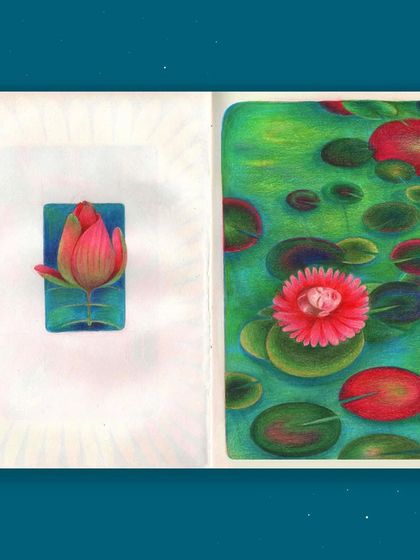 The full sketchbook spread, digitally placed on a dark background.