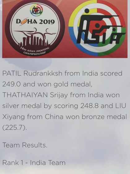 The official results from the 14th Asian Shooting Championship, confirming the gold and silver medal wins for our shooter Srijay and the Indian team.