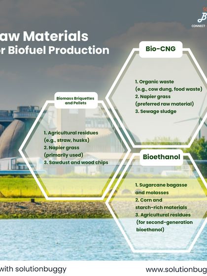 Understanding the right raw materials is crucial for a successful biofuel project. This infographic details the specific inputs for Bio-CNG, Bioethanol, and Biomass Briquettes, including organic waste, Napier grass, and agricultural residues.
