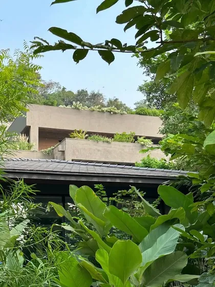 A view from above, looking down on the layered green roofs and dense planting at Villa Toshi. The landscape design creates a rich, textured tapestry that changes with the seasons.