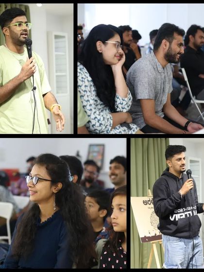 A collage showing both performers on stage and the engaged audience.