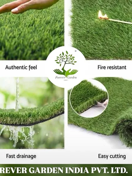 My artificial grass is engineered for real life. This graphic highlights the key benefits you get with every installation: a soft, authentic feel safe for bare feet, fire-resistant material for safety, fast drainage to prevent puddles, and easy-to-cut turf for custom fits.
