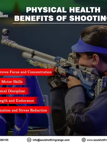 This graphic details the physical health benefits of shooting, including improved focus, fine motor skills, physical discipline, and stress reduction.