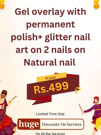 A special Navratri offer for a gel overlay with glitter nail art. Get your nails ready for the festivities!