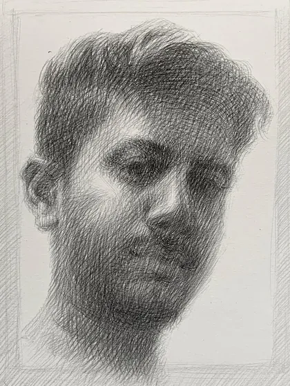 A self-portrait sketch in pencil, focusing on capturing a likeness and mood through line work and shading.