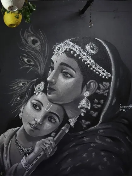 A slightly different angle of the full Yashoda and Krishna mural, showing how the composition fills the wall space.