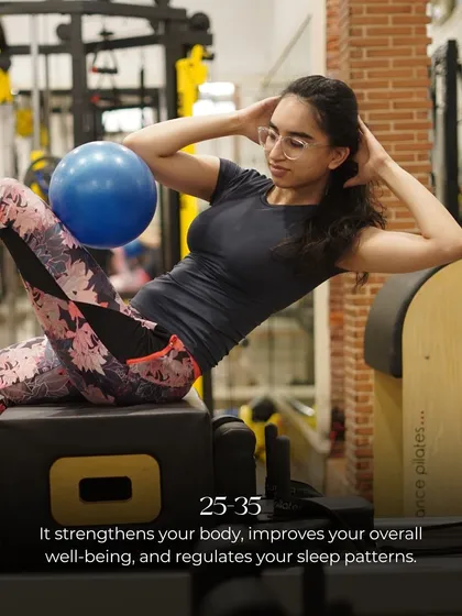 In your 25s and 30s, Pilates helps strengthen your body, improve overall well-being, and can even regulate sleep patterns. Here, a client works on her obliques with a stability ball.