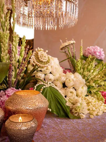 What is Diwali without one's special rituals? This festive scene, a collaboration with my creative friends, shows my foiled ceramic candles nestled amongst stunning Indian-inspired decor and floral arrangements.