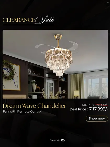 The Dream Wave Chandelier Fan features a beautiful crystal design and remote-controlled operation. It's a fantastic way to add a touch of glamour and comfort to your living space.
