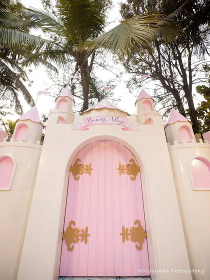 The gateway to a magical day. This close-up of a custom-built princess castle entrance shows the quality and detail I put into every prop. The ornate gold hinges and personalized banner make your little one feel like true royalty.
