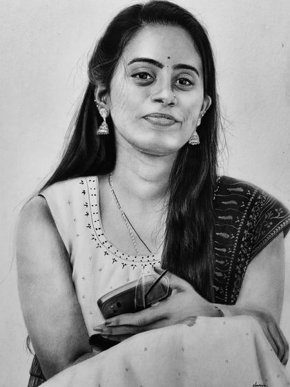 A detailed portrait of a woman in traditional Indian attire, holding a phone. I paid close attention to the embroidery on her clothing and her delicate jewelry.