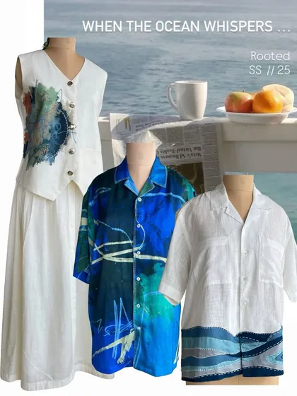 When the ocean whispers, we listen. This collage showcases several ocean-inspired pieces from the collection, including the Reverie set and Komorebi shirt, all made to flow with you.