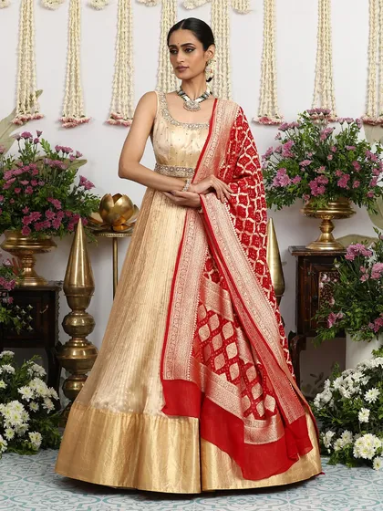 A classic red Banarasi dupatta draped over a simple gold gown creates a look of timeless sophistication.