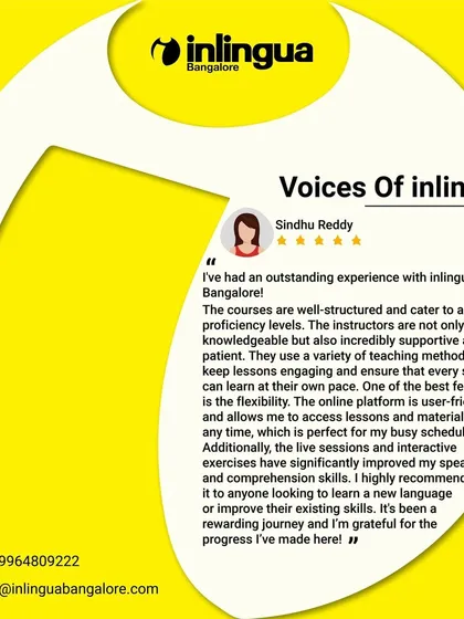 This review from Sindhu Reddy captures the core of the Inlingua experience. Our courses are well-structured, our instructors are supportive, and our flexible online platform is designed to fit your busy schedule, all while improving your speaking and comprehension skills.