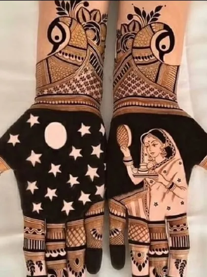 For Karwa Chauth, we can do something truly special. Here, I created a scene of a woman with the chalni and thali, looking at the moon against a night sky full of stars. This is a modern take on a classic festival mehendi design.
