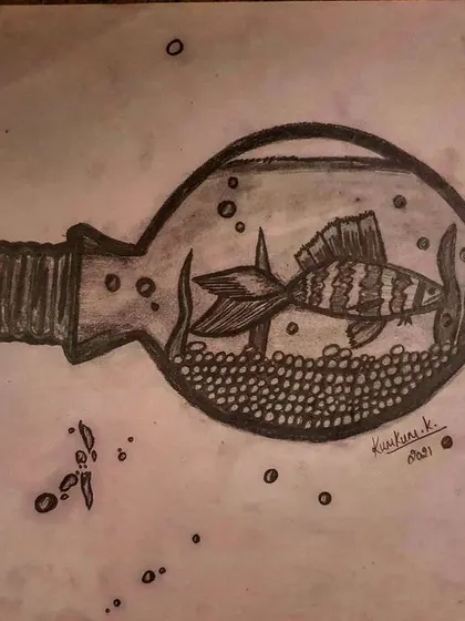 A creative sketch of a fish inside a lightbulb, a surreal idea from my sketchbook.
